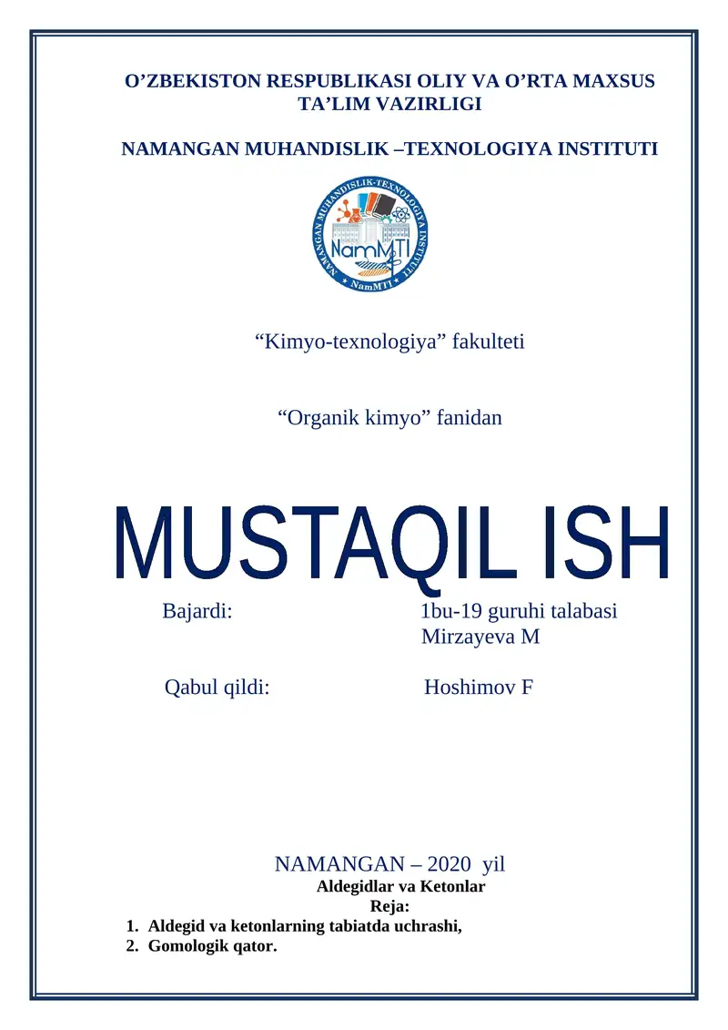 Aldegidlar va Ketonlar