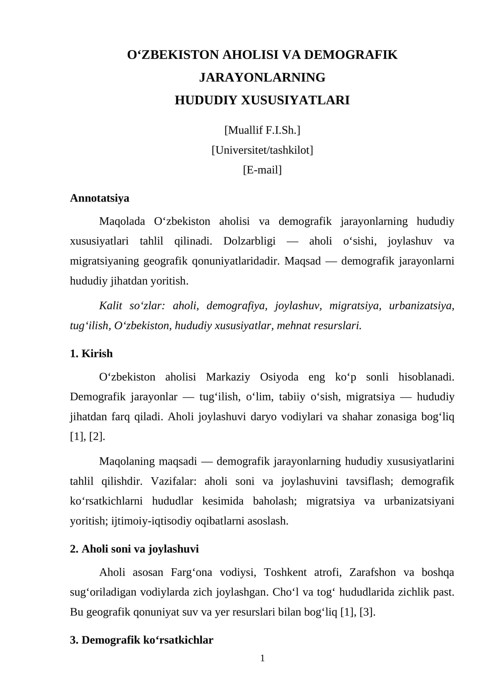 O‘ZBEKISTON AHOLISI VA DEMOGRAFIK JARAYONLARNING HUDUDIY XUSUSIYATLARI