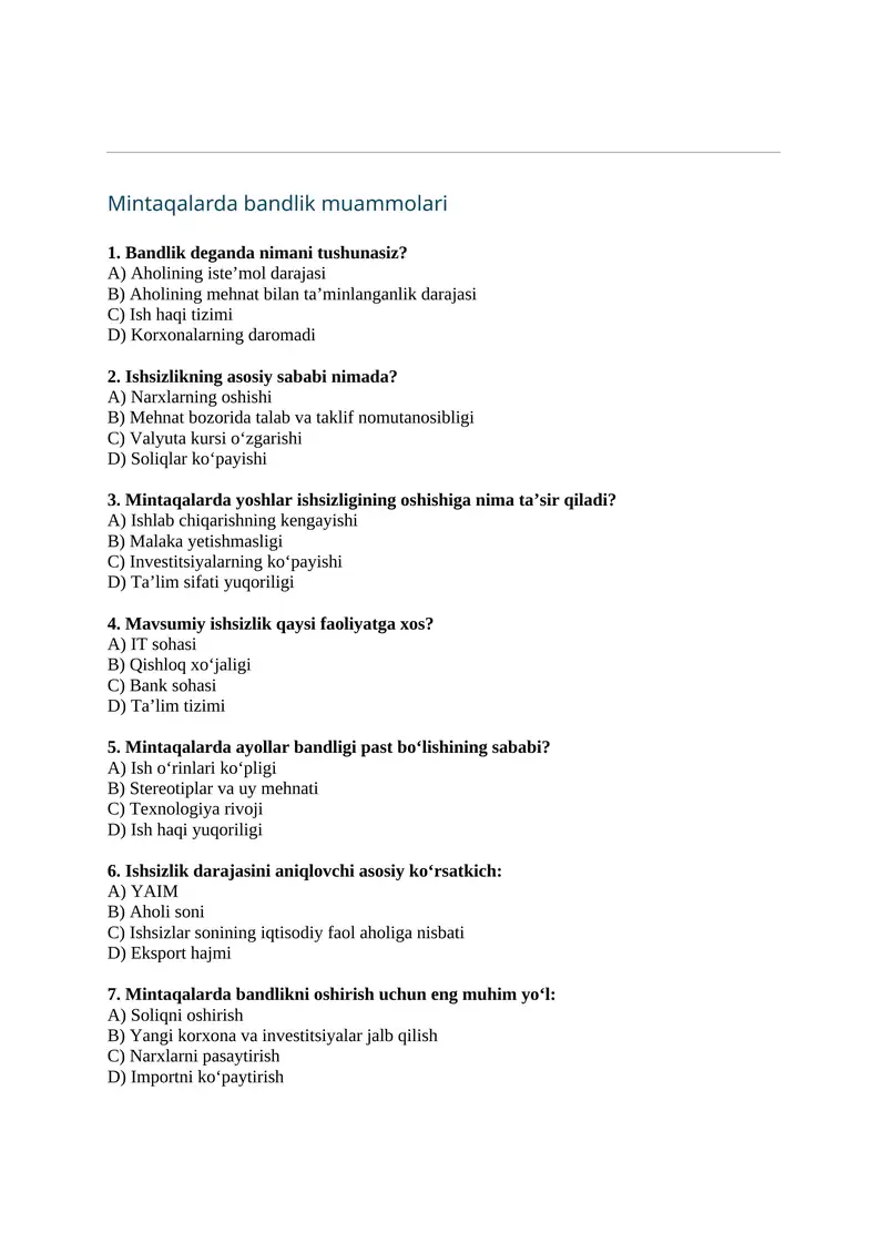 Mintaqalarda bandlik muammolari
