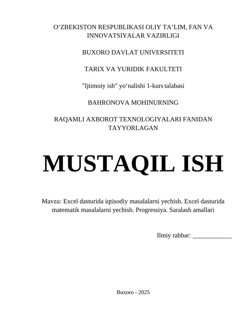 Excel dasturida iqtisodiy masalalarni yechish. Excel dasturida matematik masalalarni yechish. Progressiya. Saralash amallari
