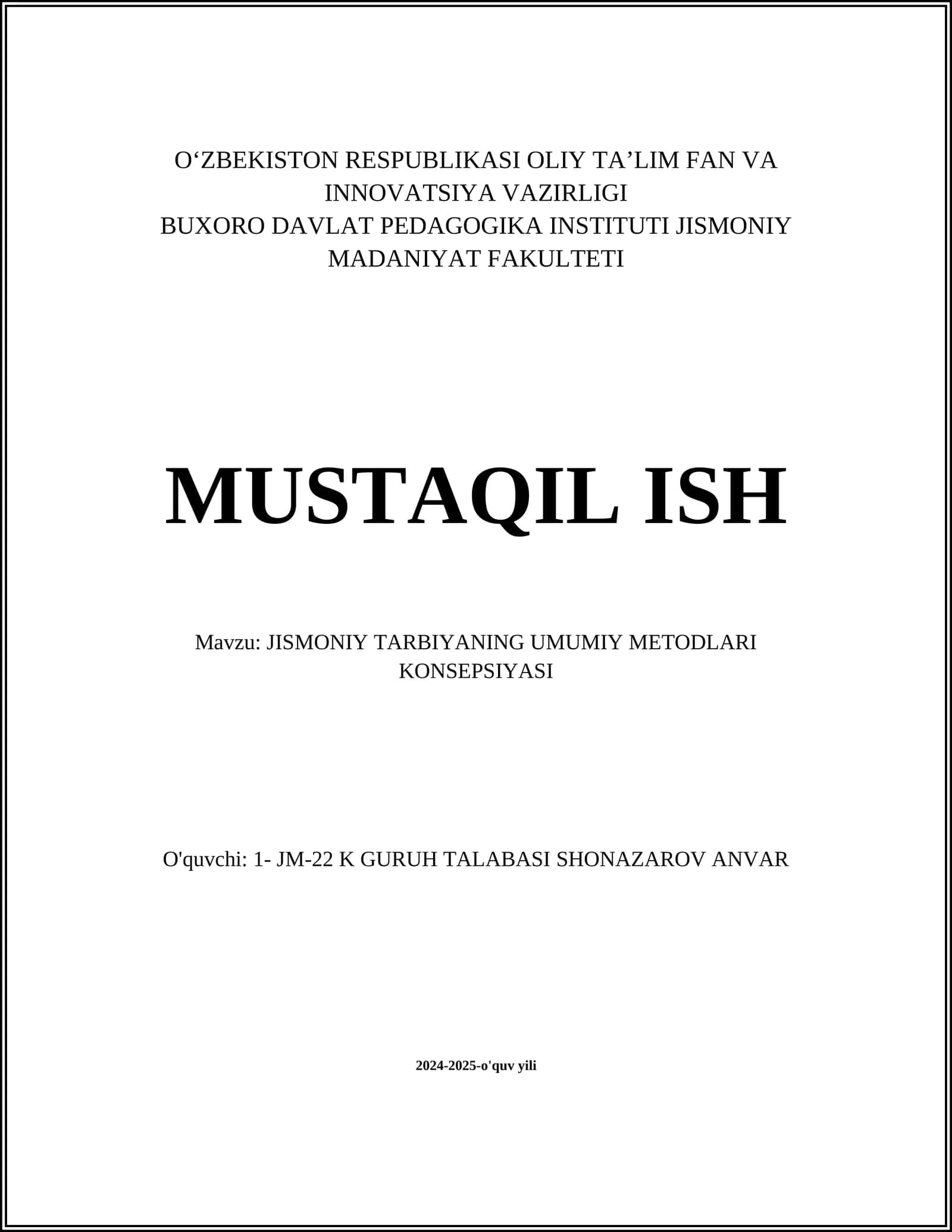 JISMONIY TARBIYANING UMUMIY METODLARI KONSEPSIYASI