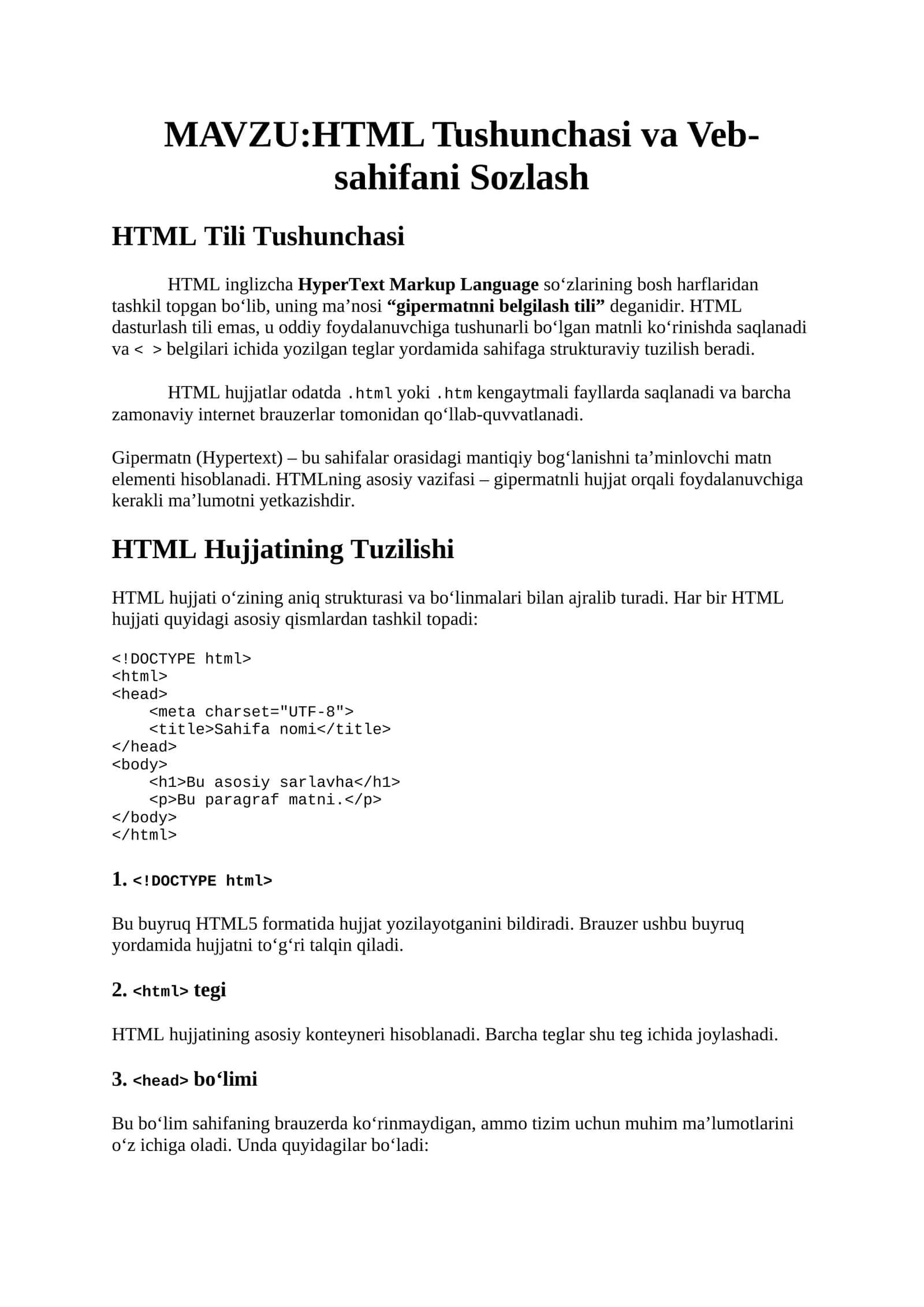 HTML Tushunchasi va Veb-sahifani Sozlash