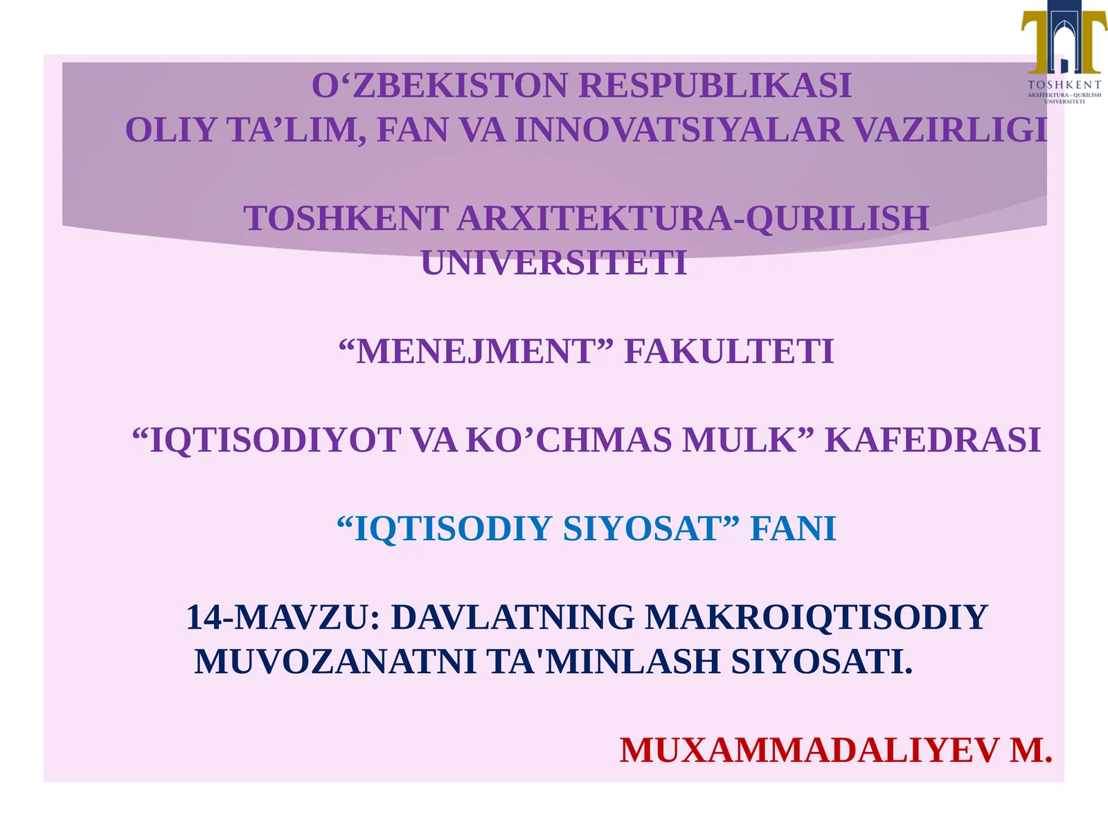 DAVLATNING MAKROIQTISODIY MUVOZANATNI TA'MINLASH SIYOSATI
