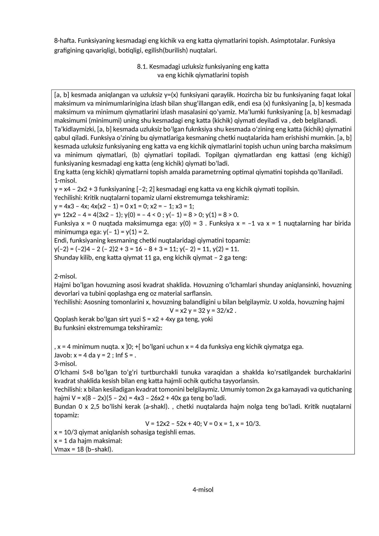 Kesmadagi uzluksiz funksiyaning eng katta va eng kichik qiymatlarini topish