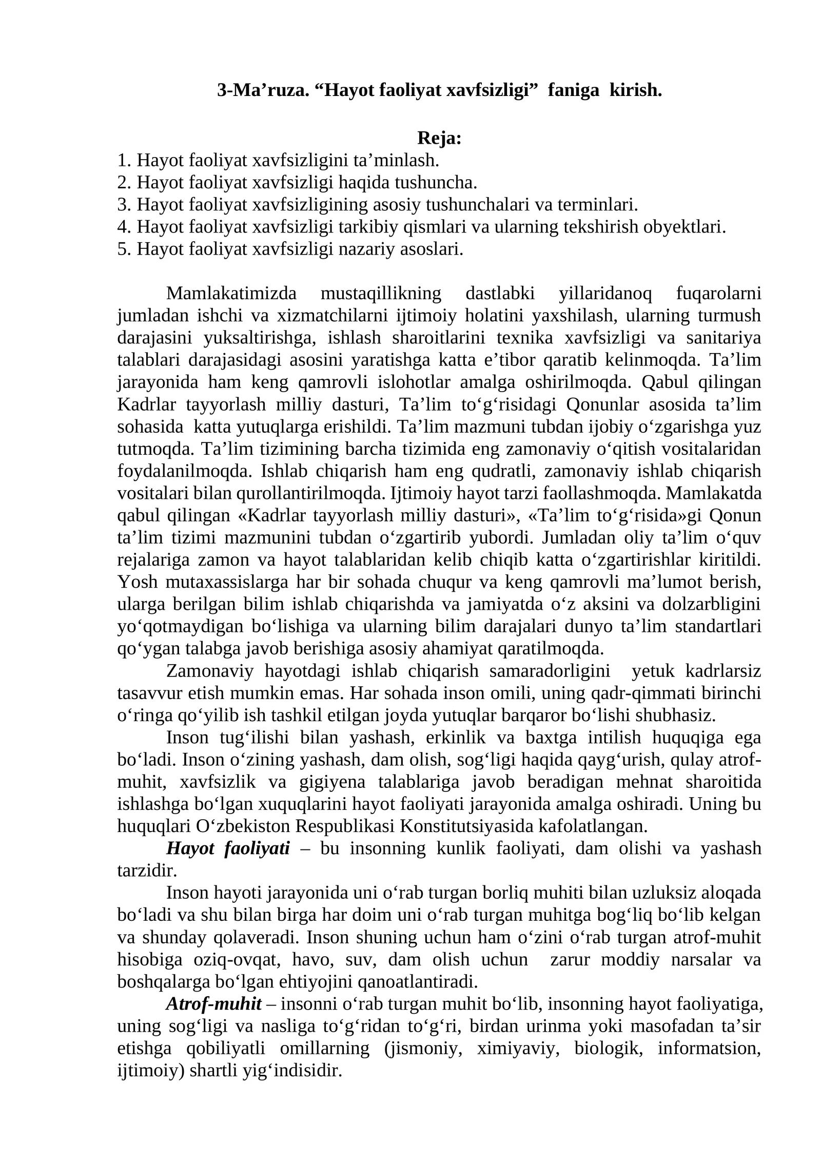 Hayot faoliyat xavfsizligi