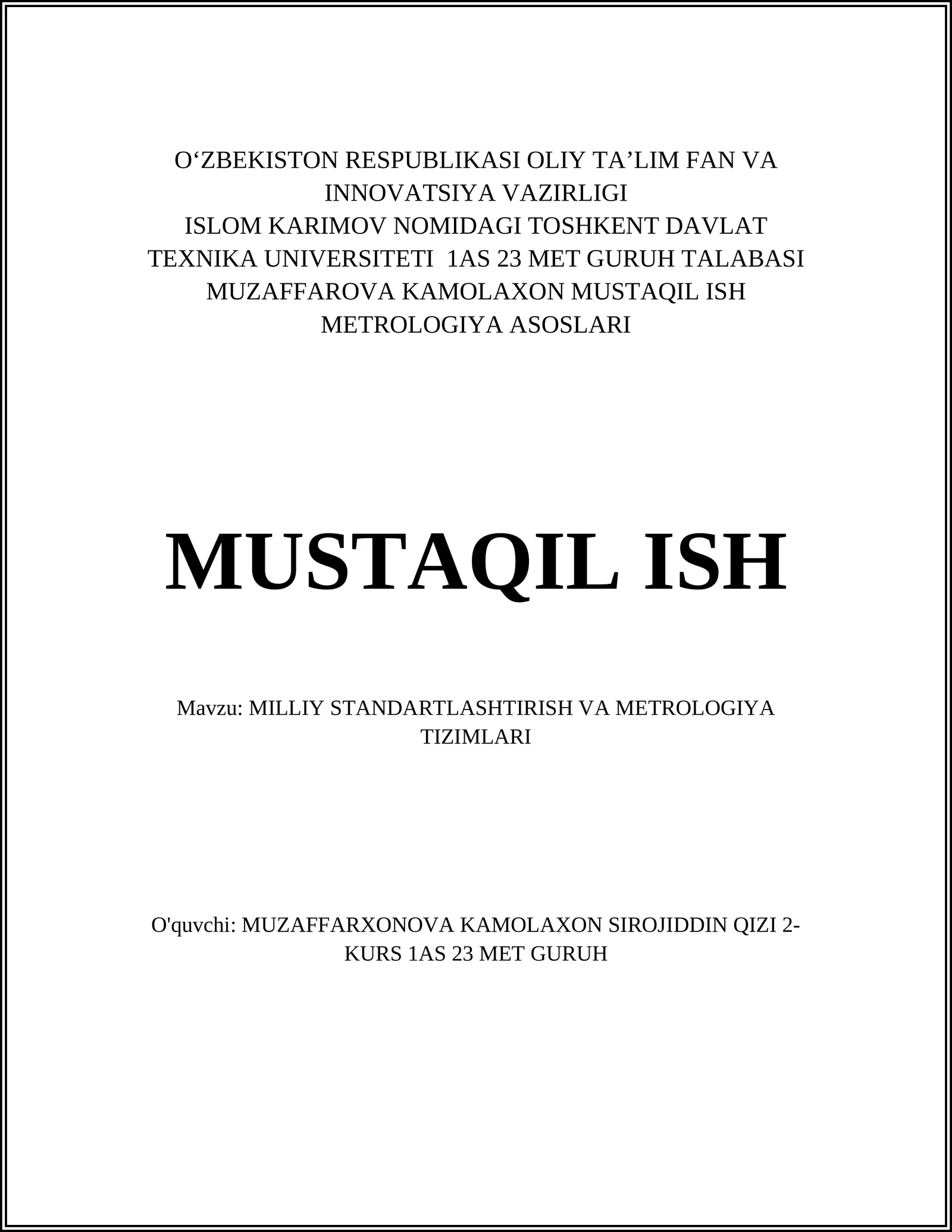 MILLIY STANDARTLASHTIRISH VA METROLOGIYA TIZIMLARI