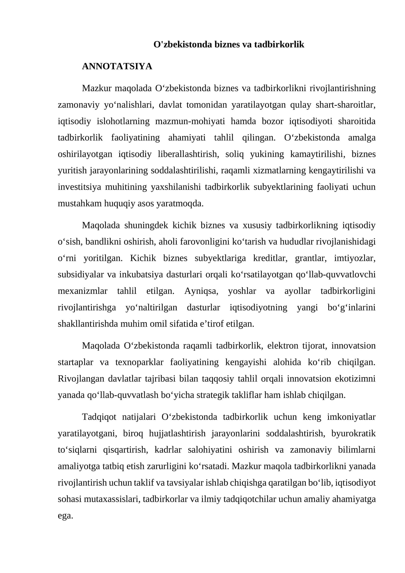 O'zbekistonda biznes va tadbirkorlik