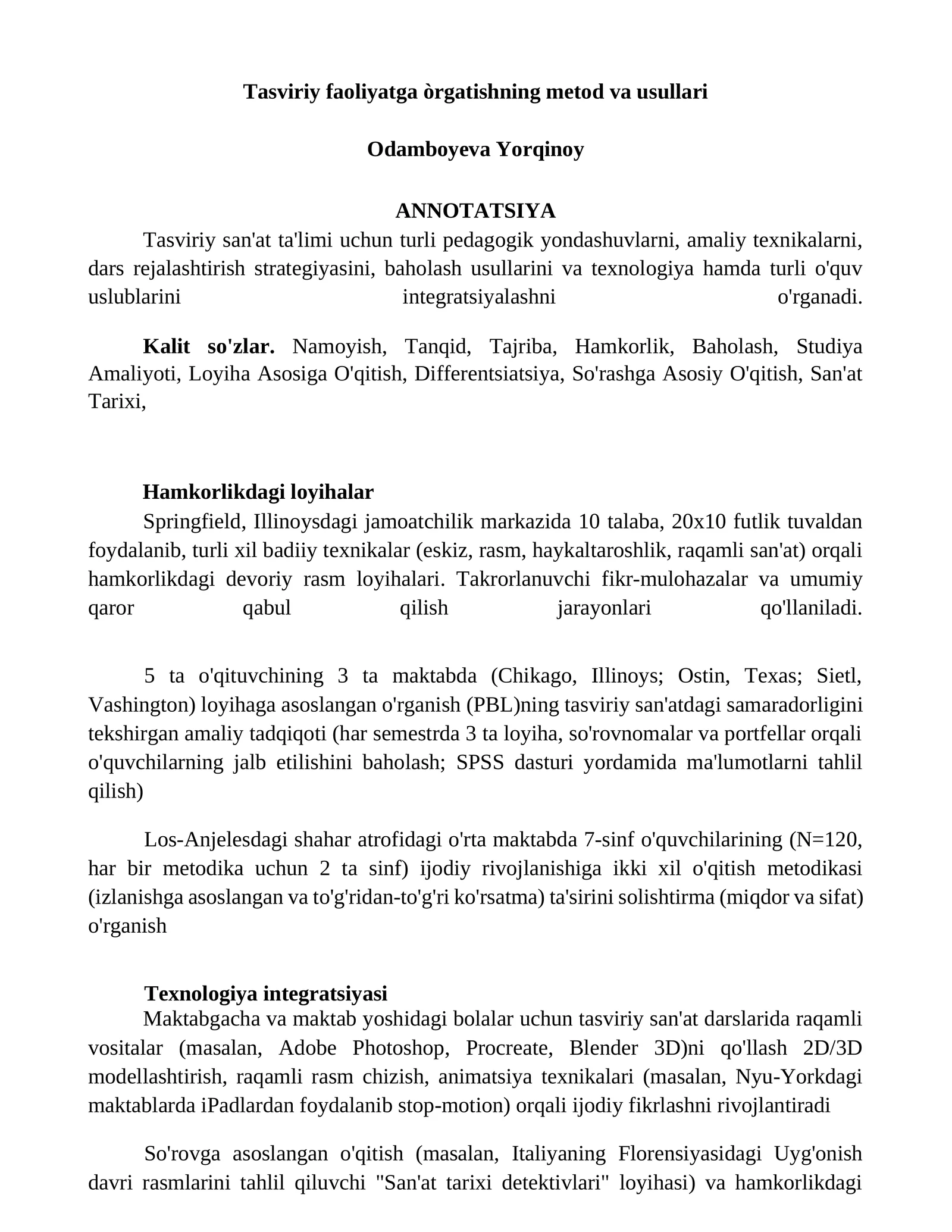 Tasviriy faoliyatga òrgatishning metod va usullari