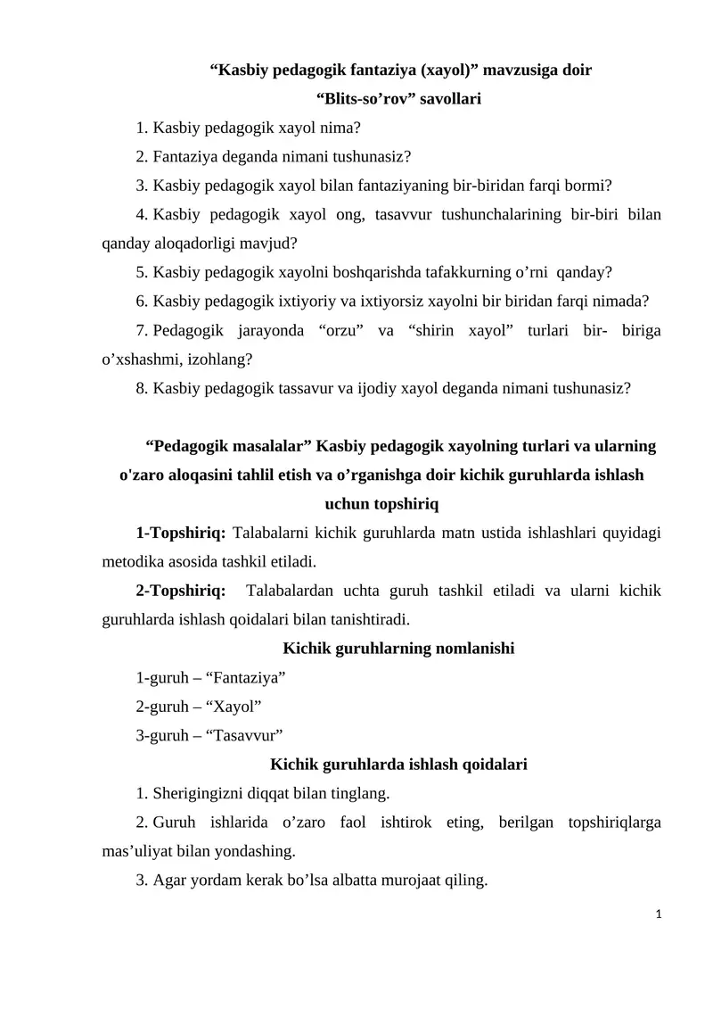 Kasbiy pedagogik fantaziya (xayol)