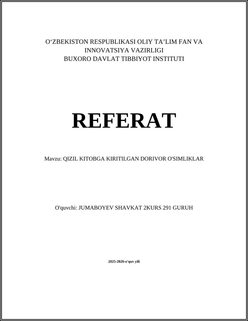 QIZIL KITOBGA KIRITILGAN DORIVOR O'SIMLIKLAR