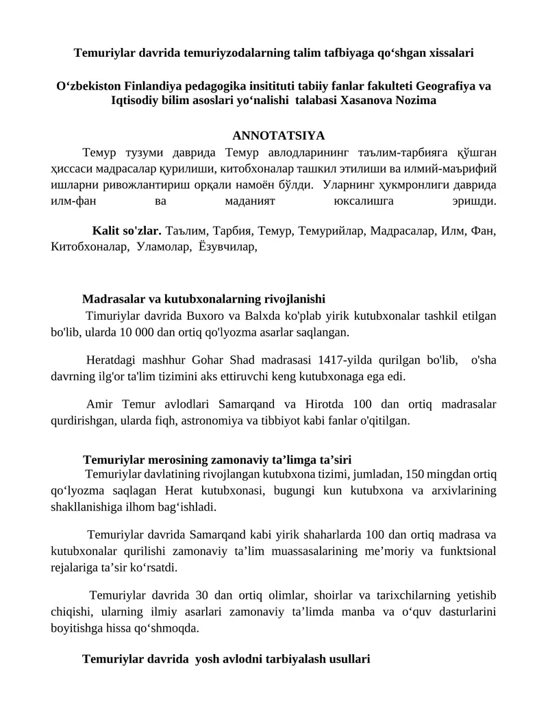 Temuriylar davrida temuriyzodalarning talim tafbiyaga qoʻshgan xissalari