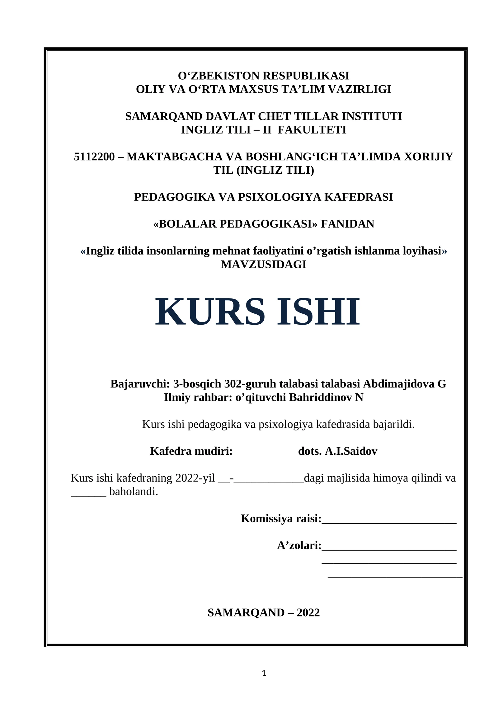 Ingliz tilida insonlarning mehnat faoliyatini o’rgatish ishlanma loyihasi