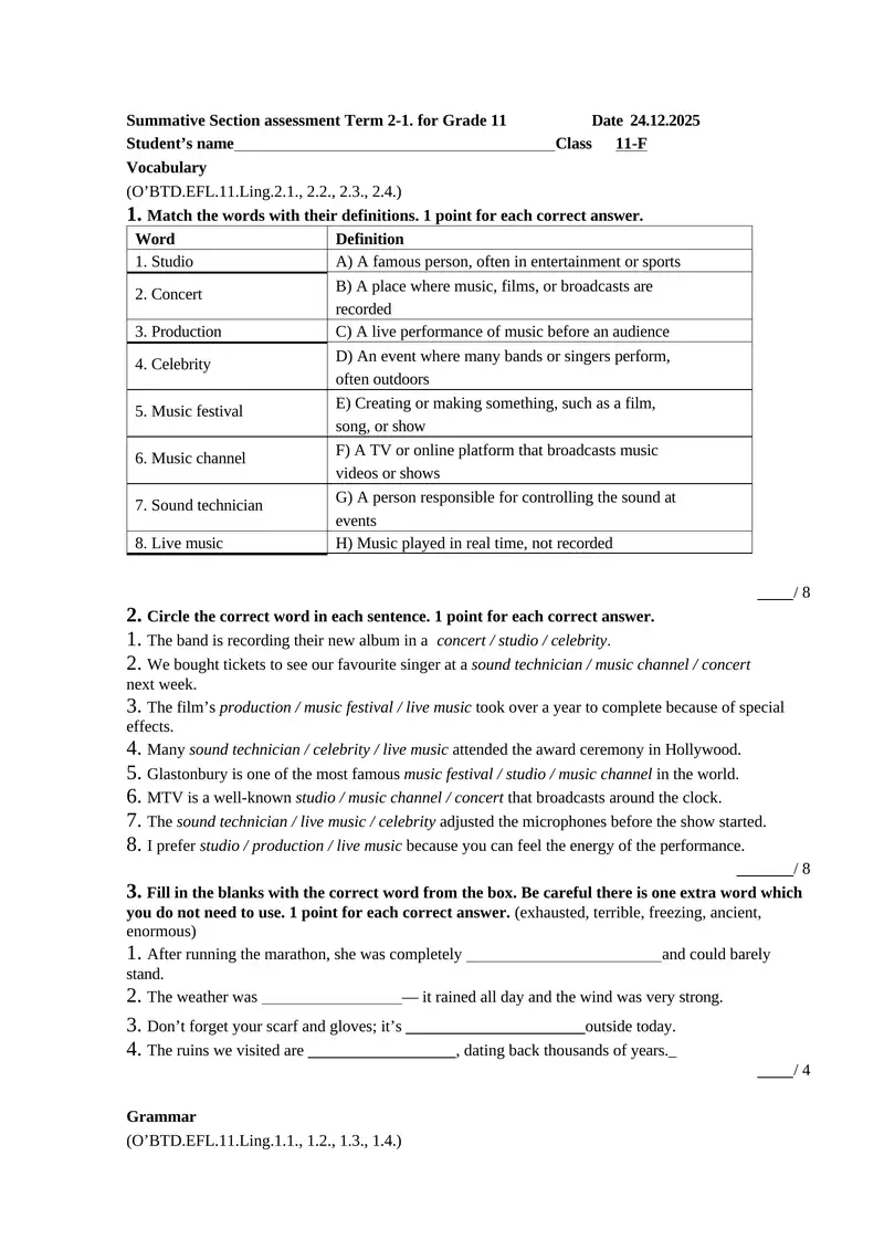 Summative Section assessment Term 2-1