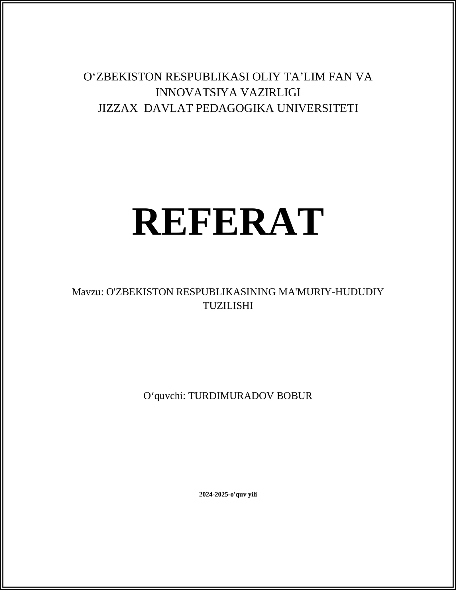 O'ZBEKISTON RESPUBLIKASINING MA'MURIY-HUDUDIY TUZILISHI