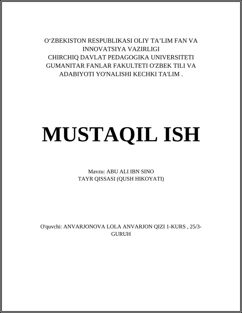 ABU ALI IBN SINO TAYR QISSASI (QUSH HIKOYATI)