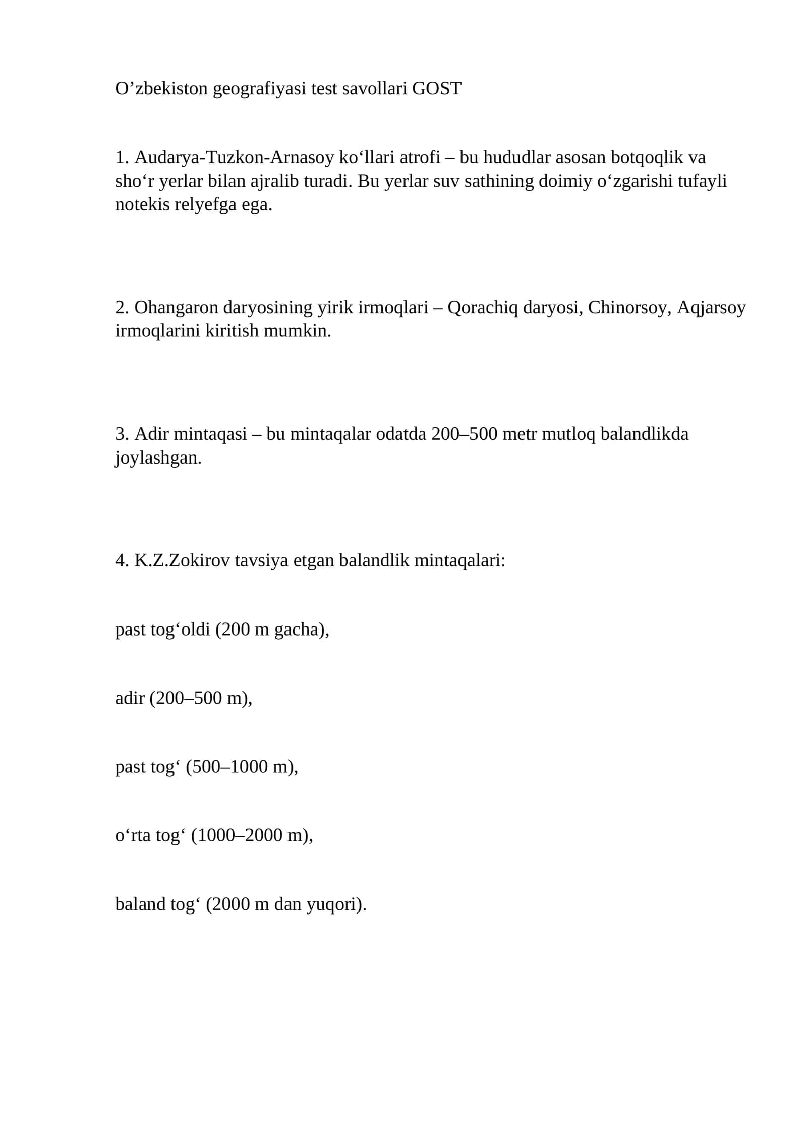 O’zbekiston geografiyasi test savollari GOST