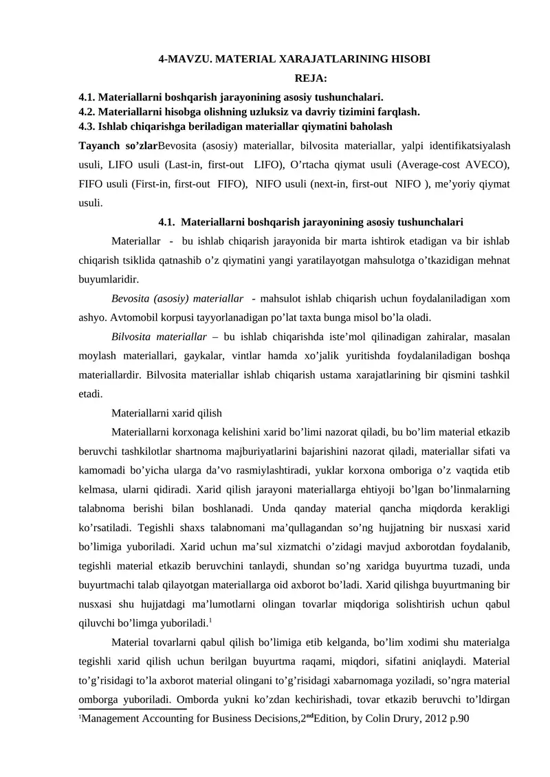 MATERIAL XARAJATLARINING HISOBI