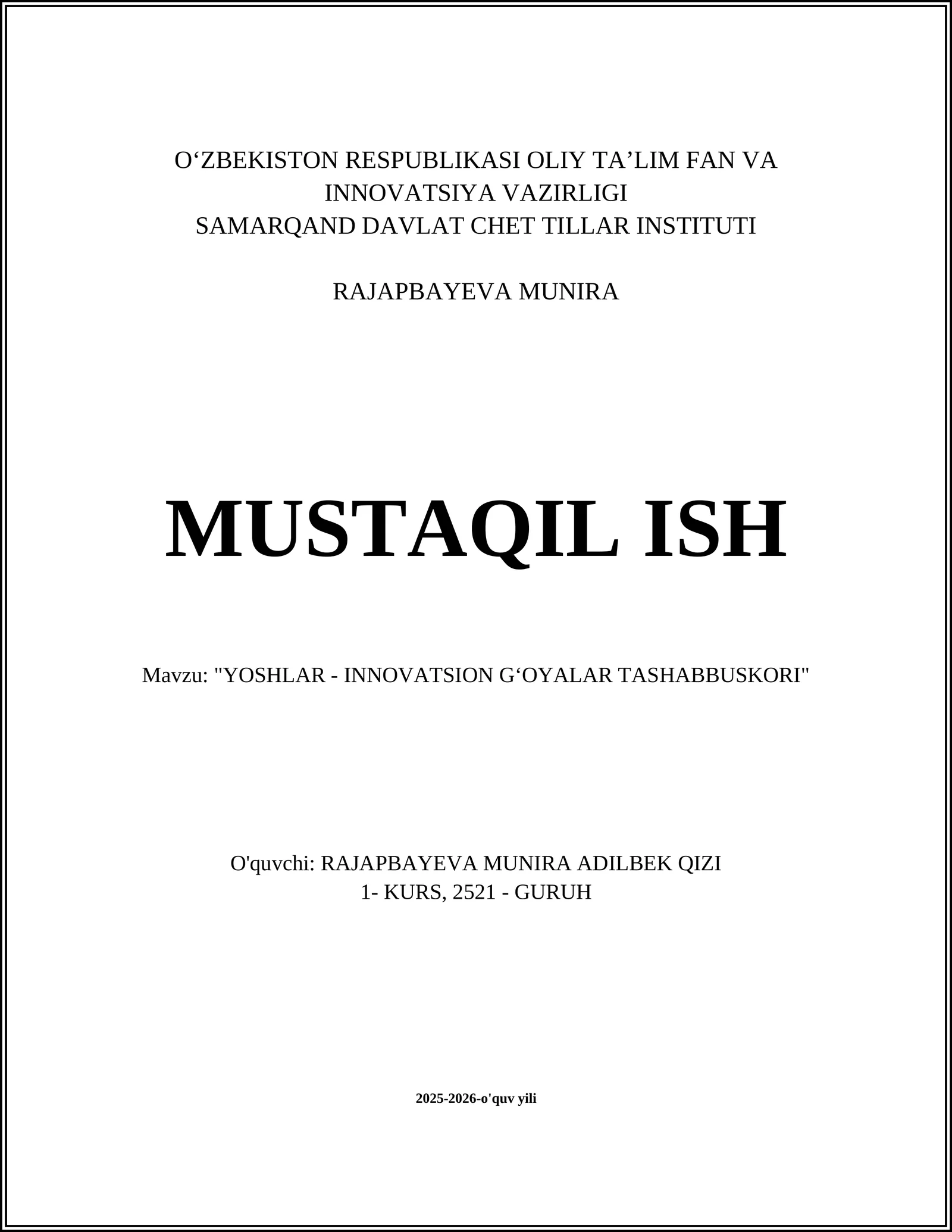 YOSHLAR - INNOVATSION GʻOYALAR TASHABBUSKORI