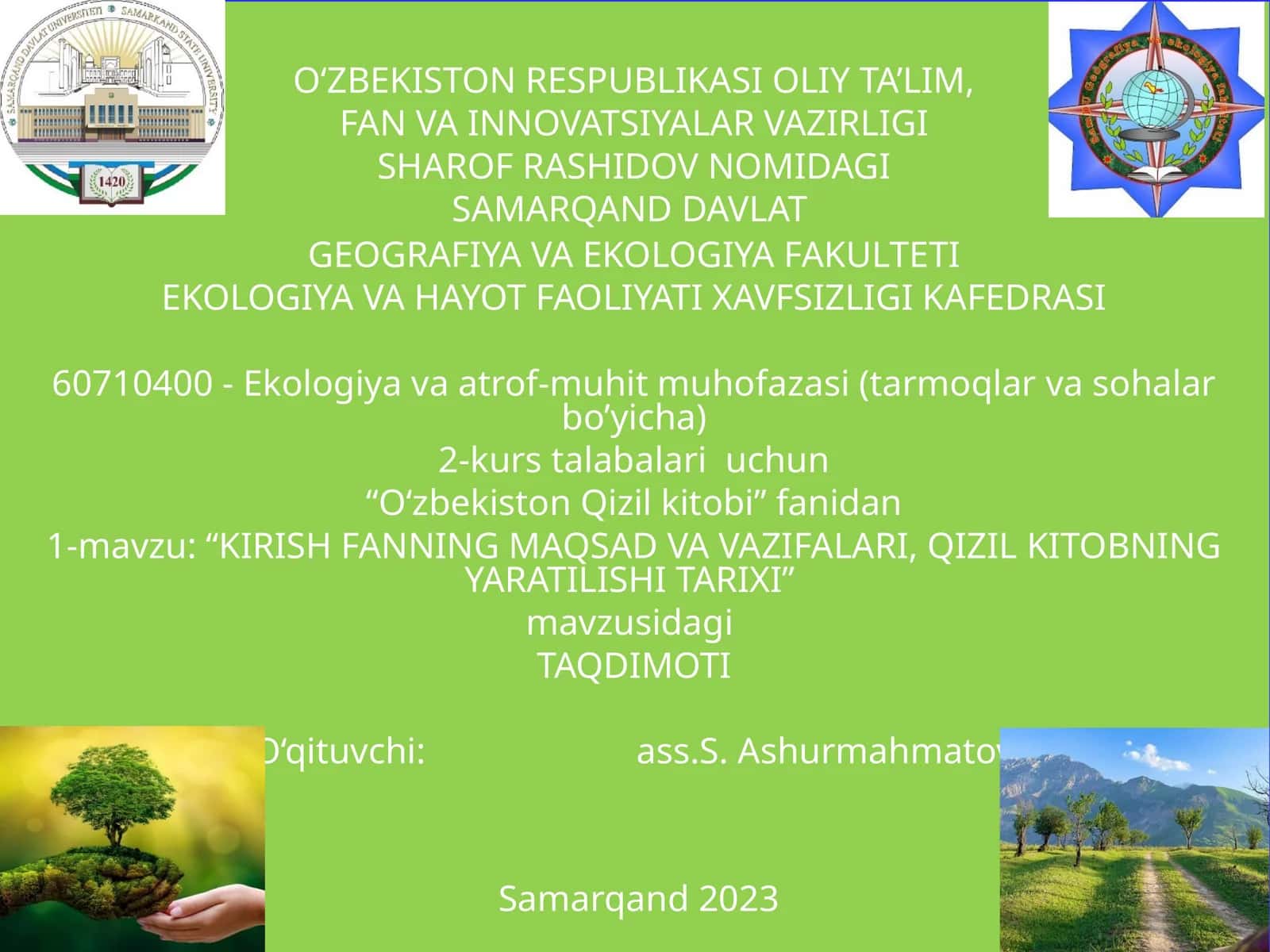 “O‘zbekiston Qizil kitobi” fanidan 1-mavzu: “