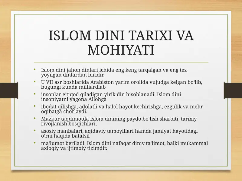 ISLOM DINI TARIXI VA MOHIYATI