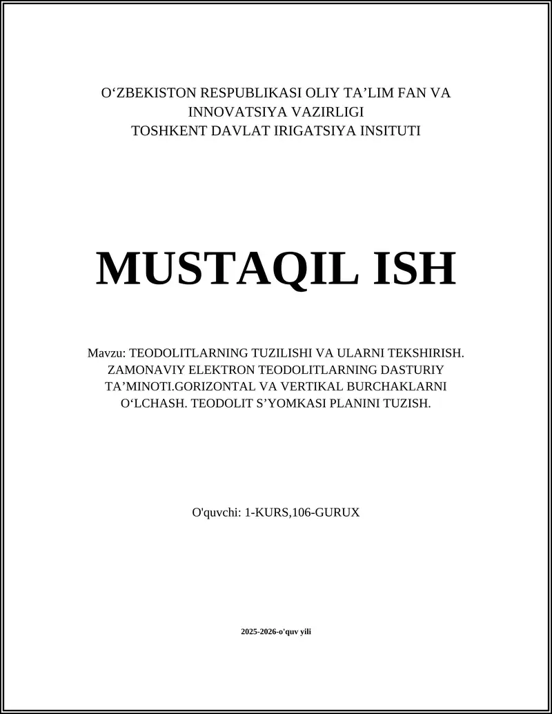 TEODOLITLARNING TUZILISHI VA ULARNI TEKSHIRISH