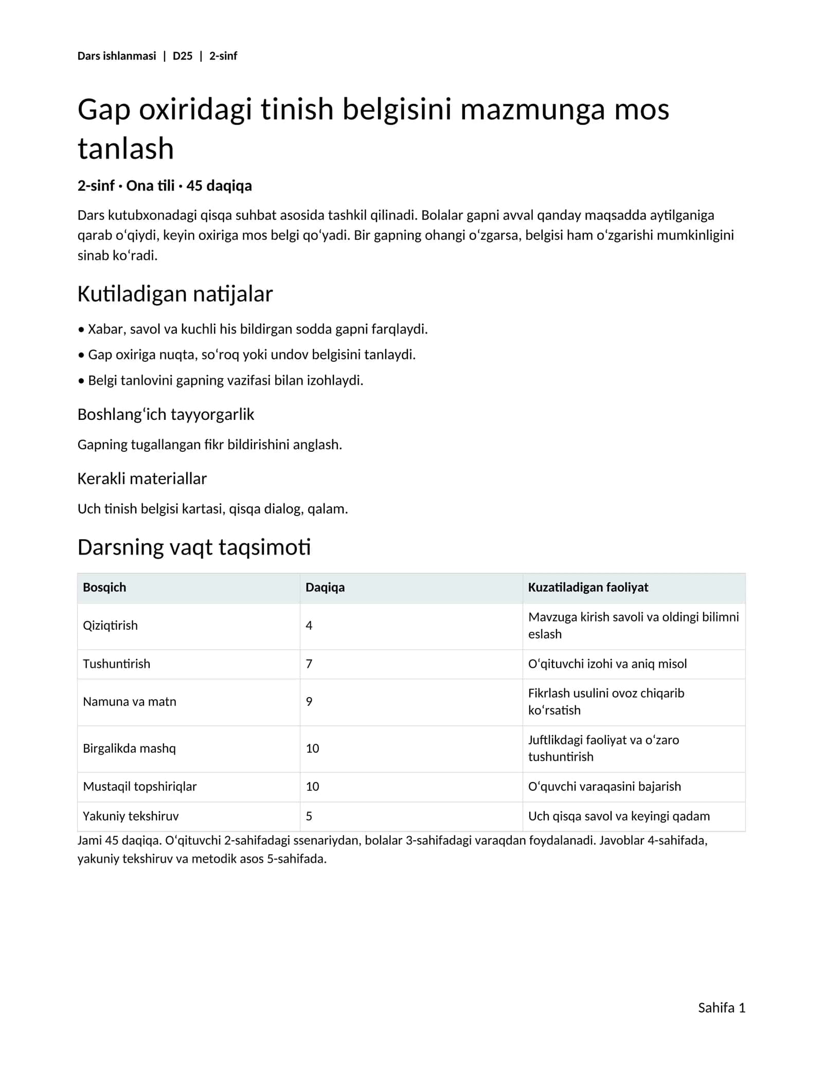 2-sinf Gap oxiridagi tinish belgisini mazmunga mos tanlash — dars ishlanmasi va tarqatmalar