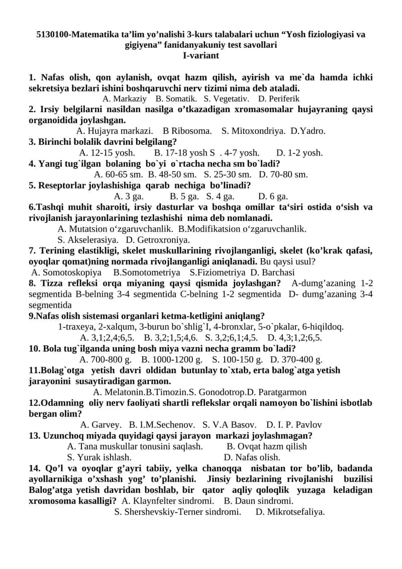 Yosh fiziologiyasi va gigiyena fanidanyakuniy test savollari