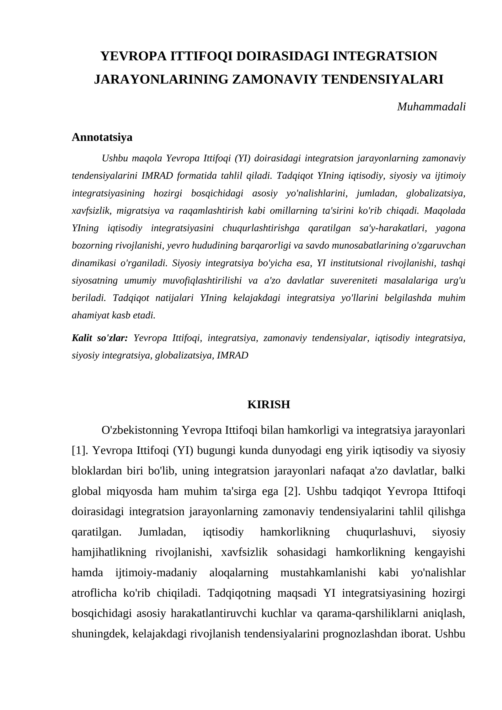 YEVROPA ITTIFOQI DOIRASIDAGI INTEGRATSION JARAYONLARINING ZAMONAVIY TENDENSIYALARI