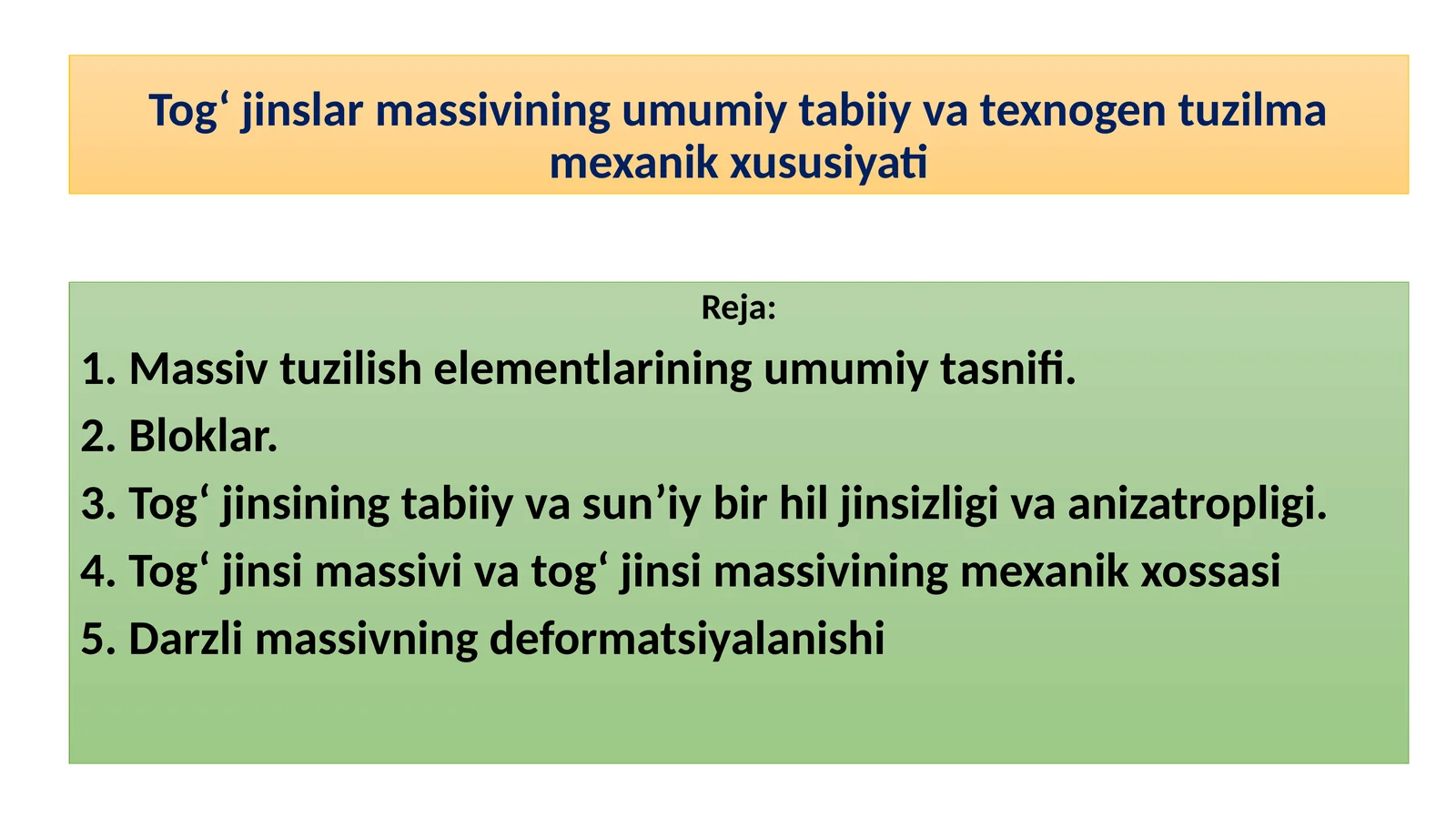 Tog‘jinslar Massivining Umumiy Tabiiy va Texnogen Tuzilma Mekanik Xususiyati