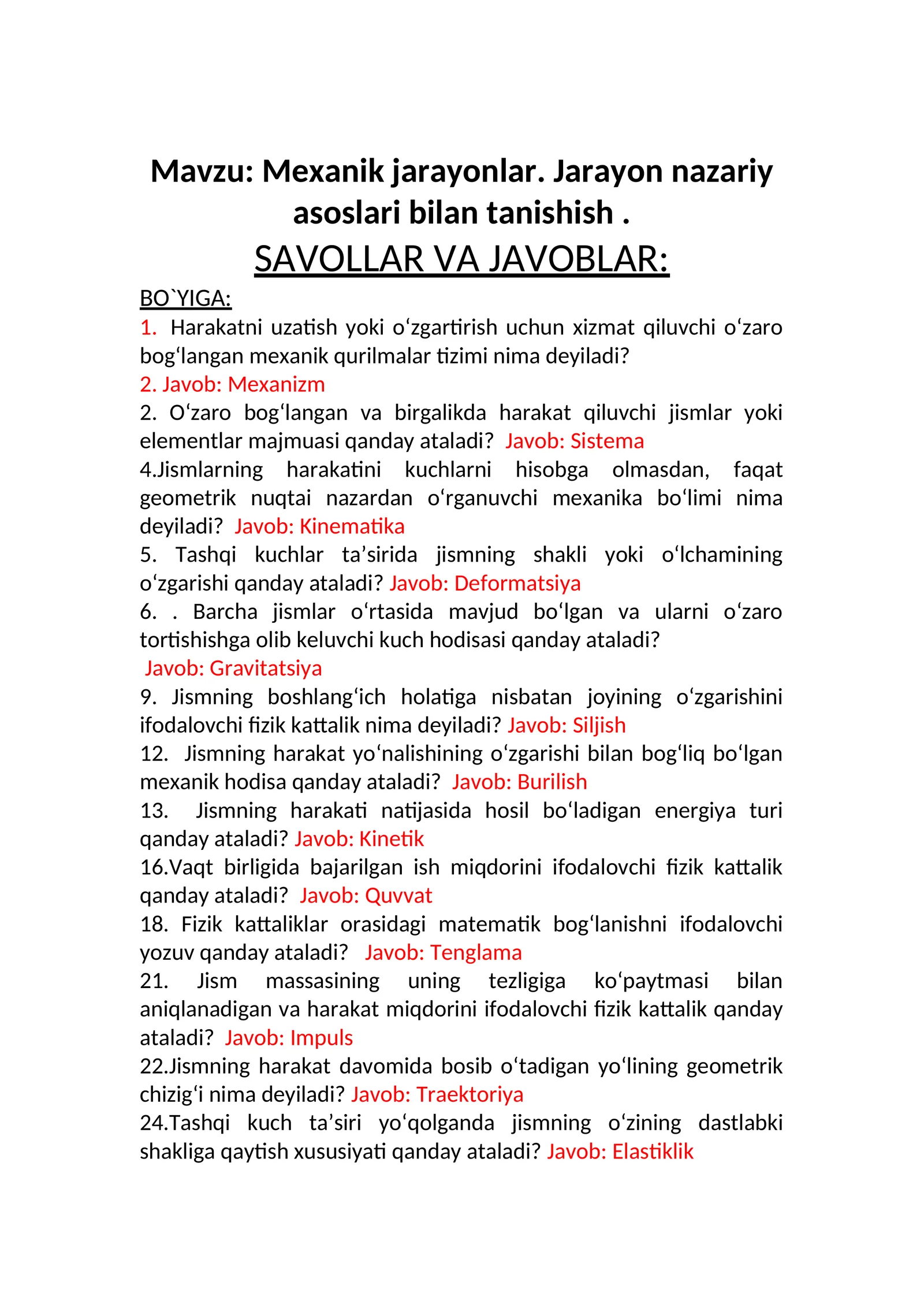Mexanik jarayonlar. Jarayon nazariy asoslari bilan tanishish