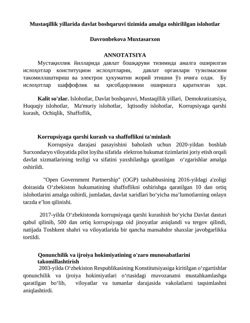 Davlat boshqaruvi tizimida amalga oshirililgan islohotlar