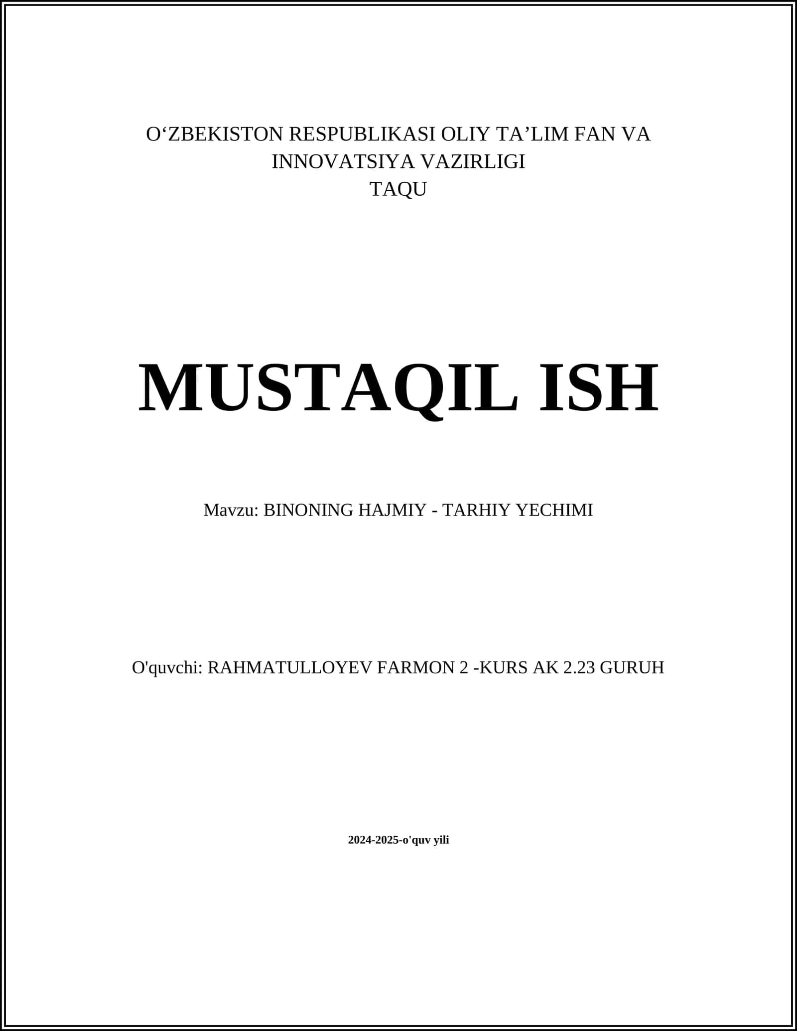 BINONING HAJMIY - TARHIY YECHIMI
