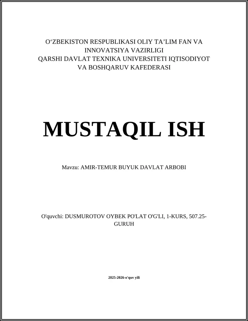 AMIR-TEMUR BUYUK DAVLAT ARBOBI