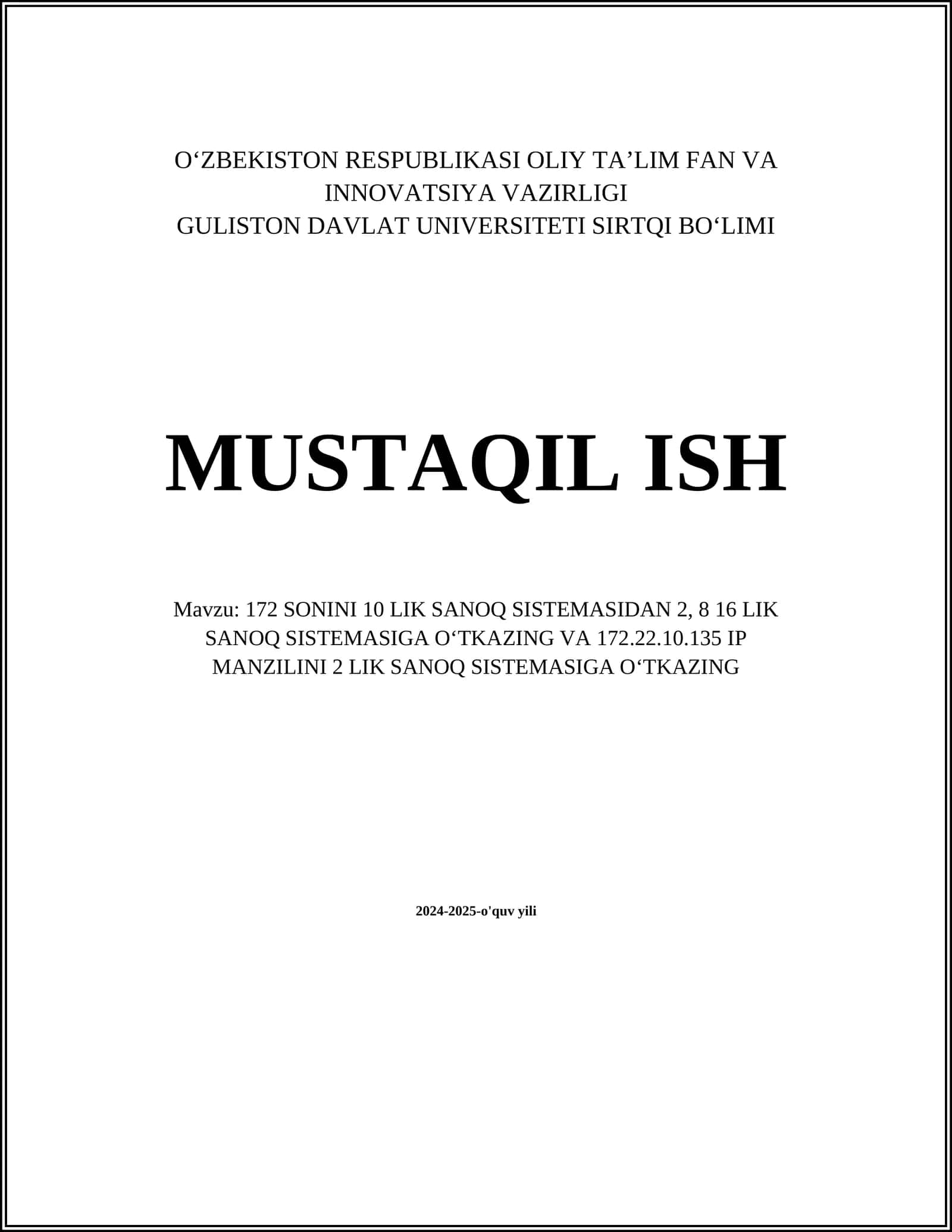 172 sonini 2 lik sanoq sistemasiga o‘tkazish