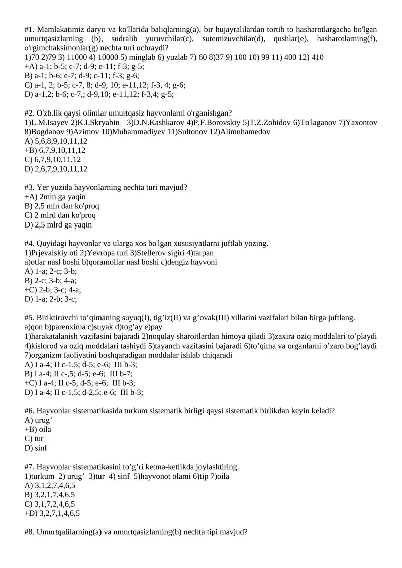 Biologiya fanidan test savollari