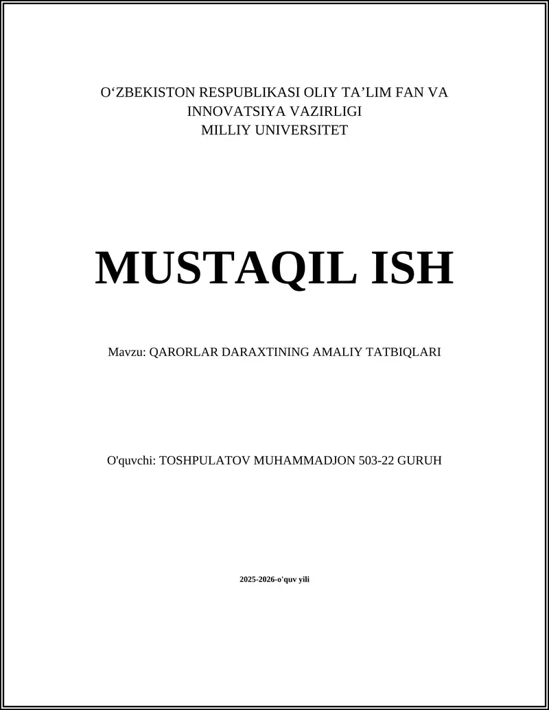 QARORLAR DARAXTINING AMALIY TATBIQLARI