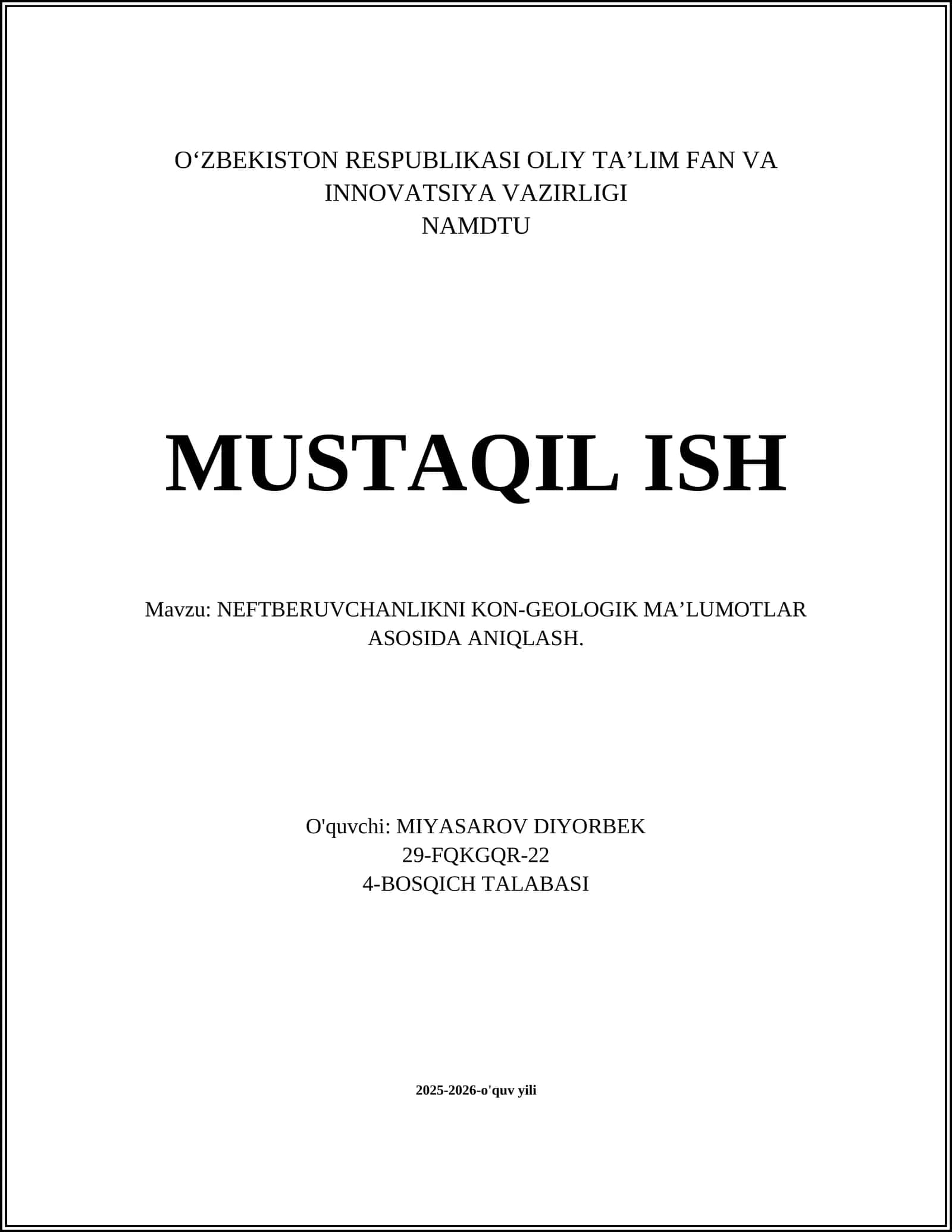 NEFTBERUVCHANLIKNI KON-GEOLOGIK MA’LUMOTLAR ASOSIDA ANIQLASH