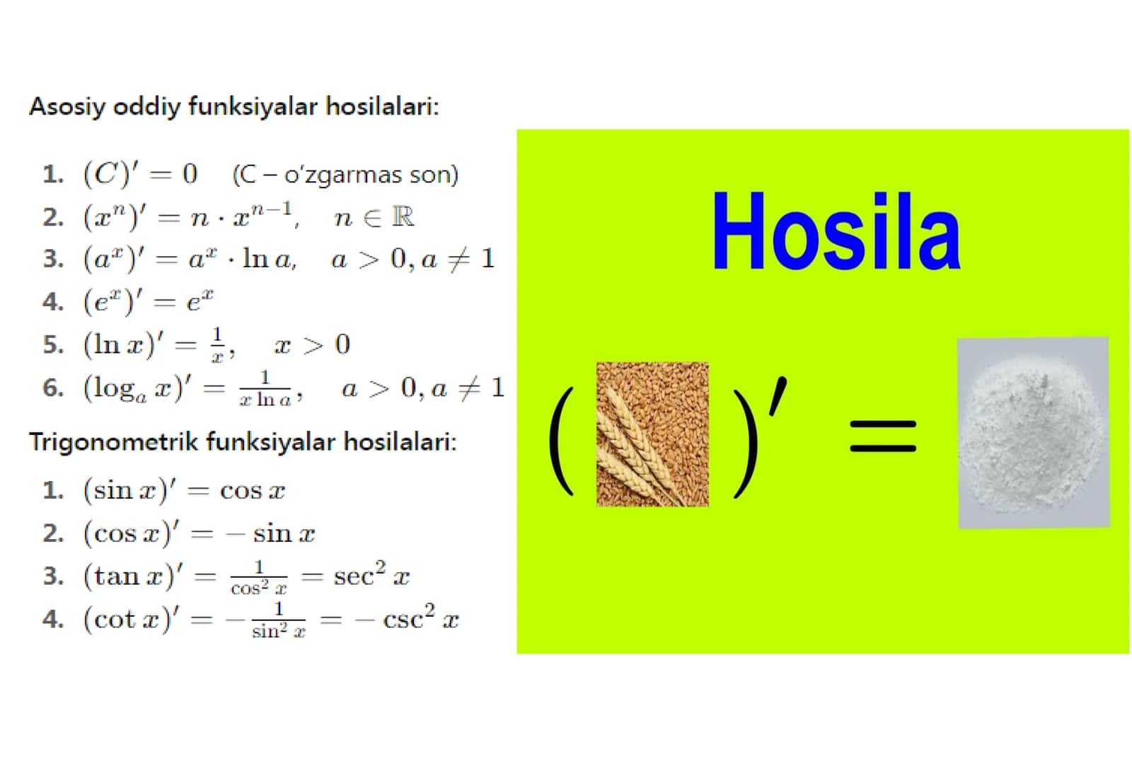 Hosila integral limit va lagarifmik formulalar jadvali