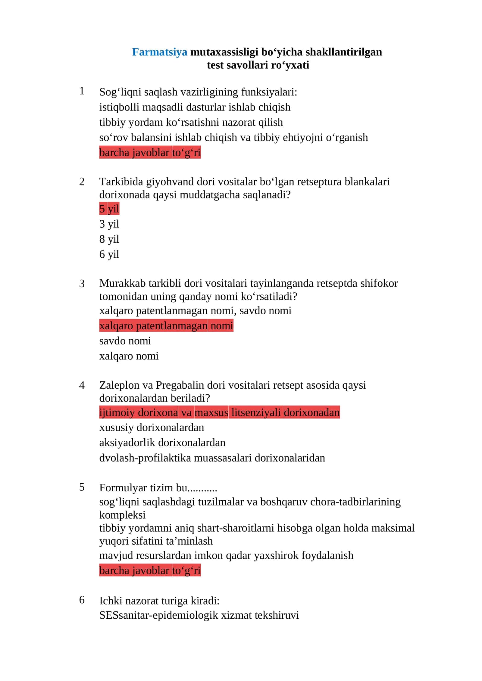 Farmatsiya mutaxassisligi boʻyicha shakllantirilgan test savollari roʻyxati
