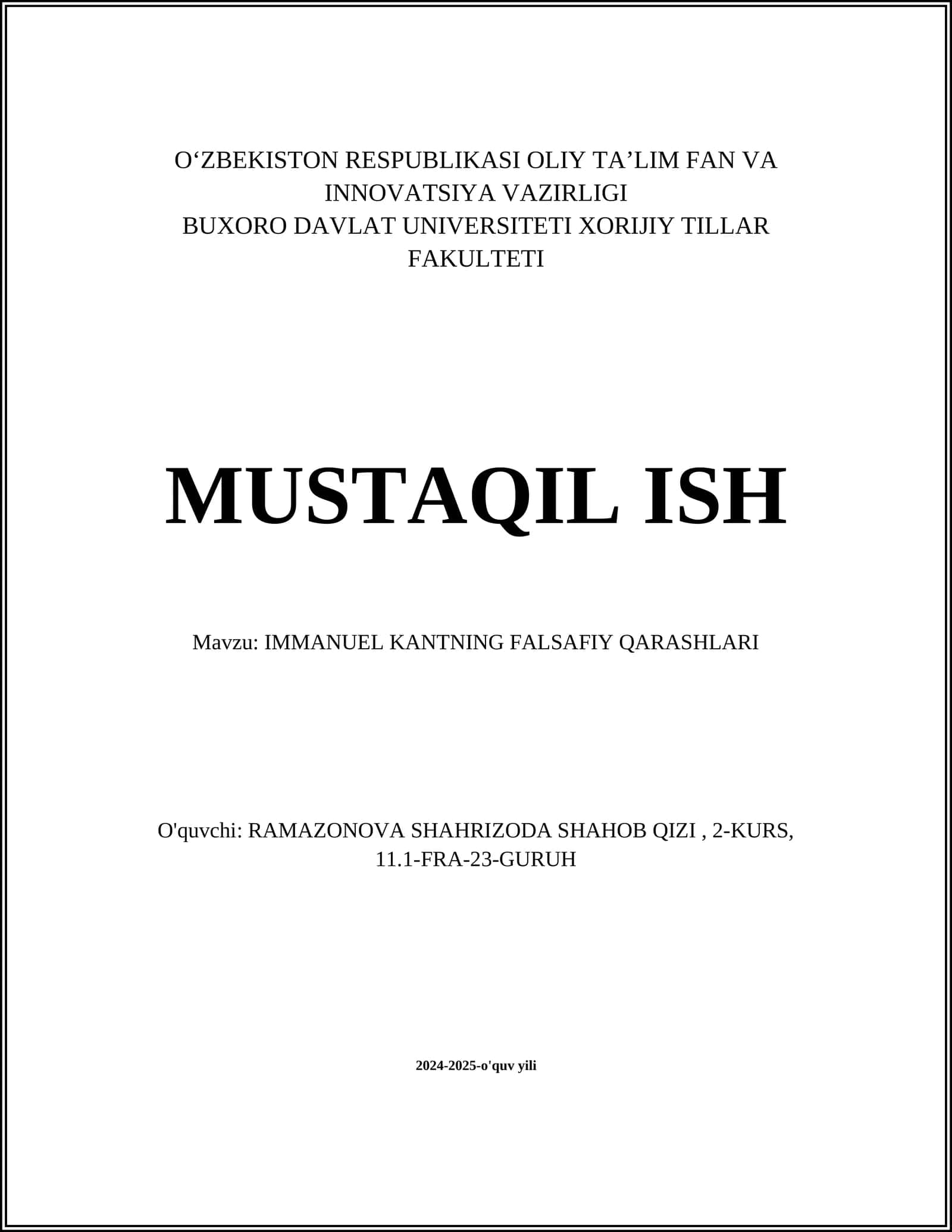 IMMANUEL KANTNING FALSAFIY QARASHLARI