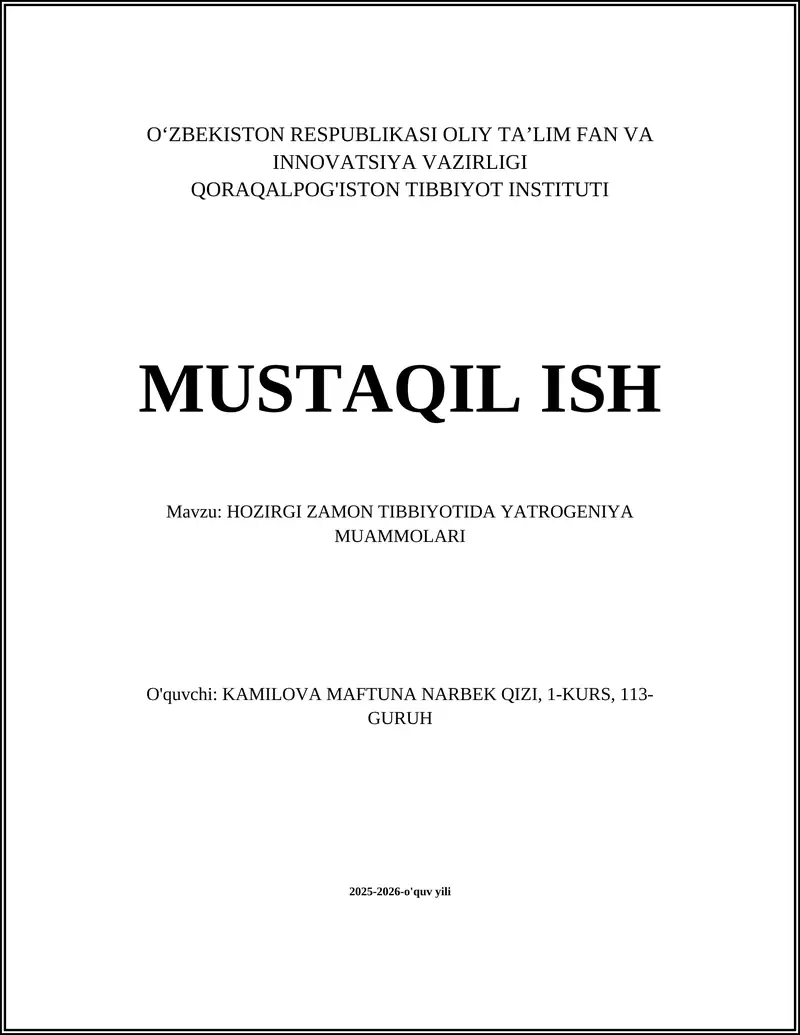 HOZIRGI ZAMON TIBBIYOTIDA YATROGENIYA MUAMMOLARI