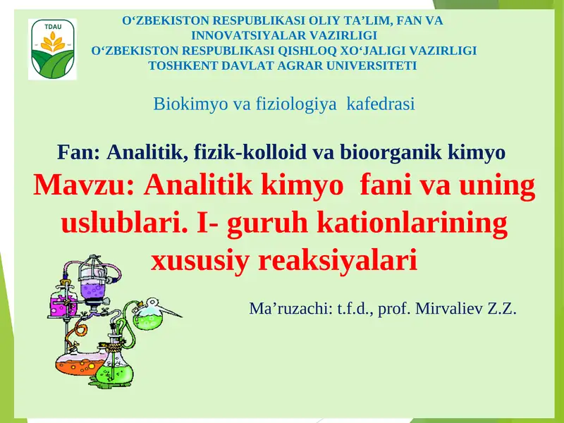 Analitik kimyo fani va uning uslublari