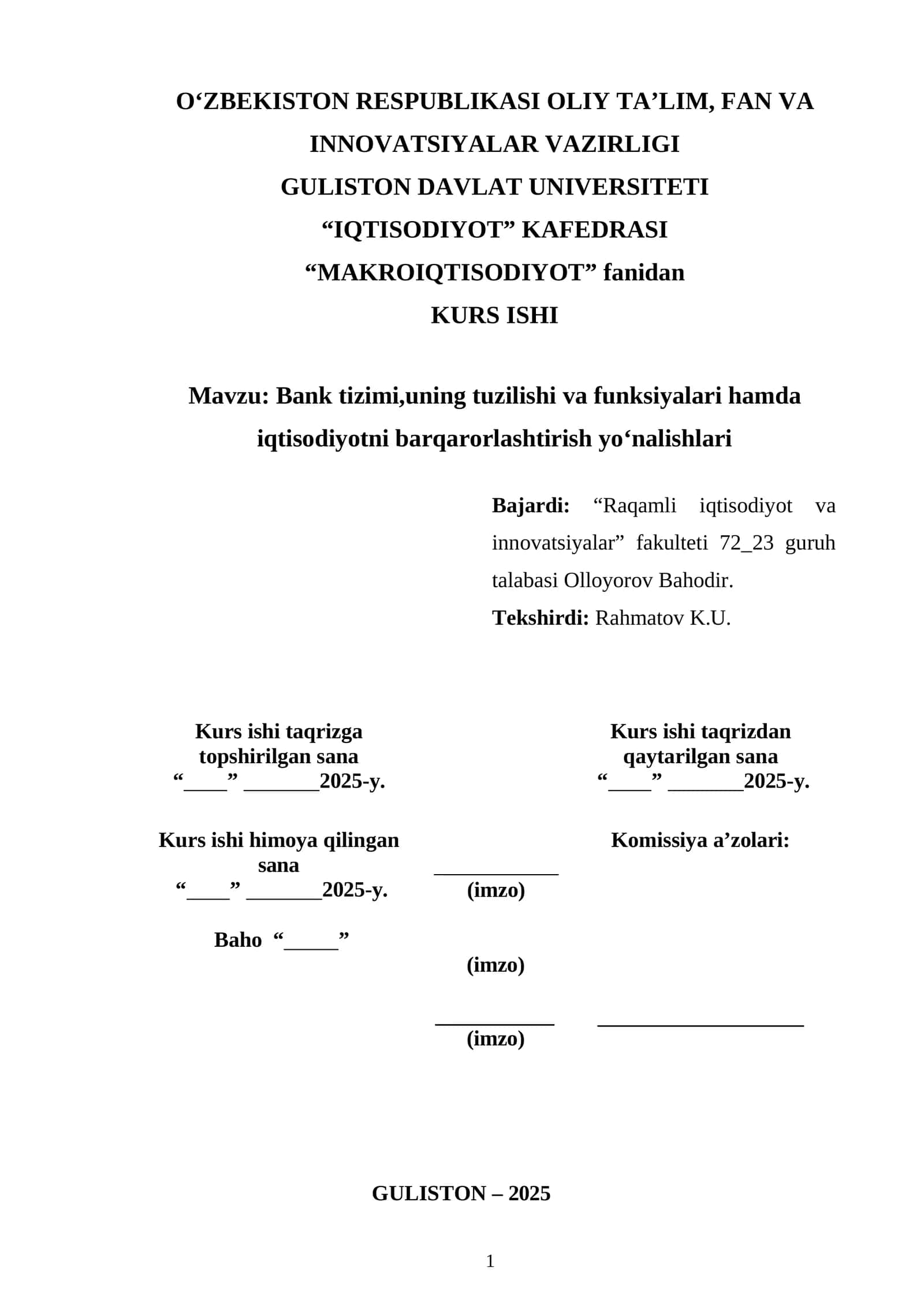 Bank tizimi,uning tuzilishi va funksiyalari hamda iqtisodiyotni barqarorlashtirish yo‘nalishlari