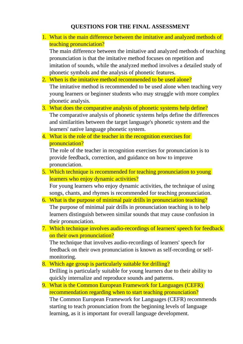 Final Assessment Questions on Teaching Pronunciation