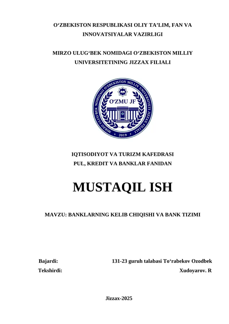 BANKLARNING KELIB CHIQISHI VA BANK TIZIMI