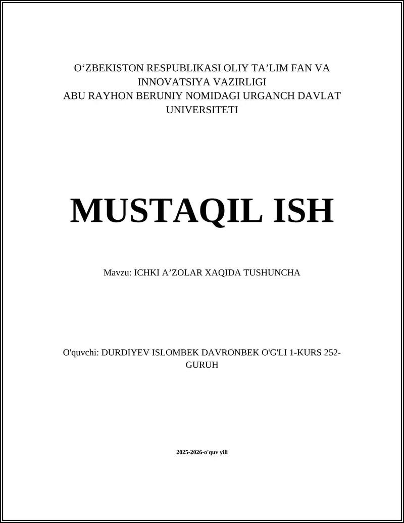 ICHKI AʼZOLAR XAQIDA TUSHUNCHA