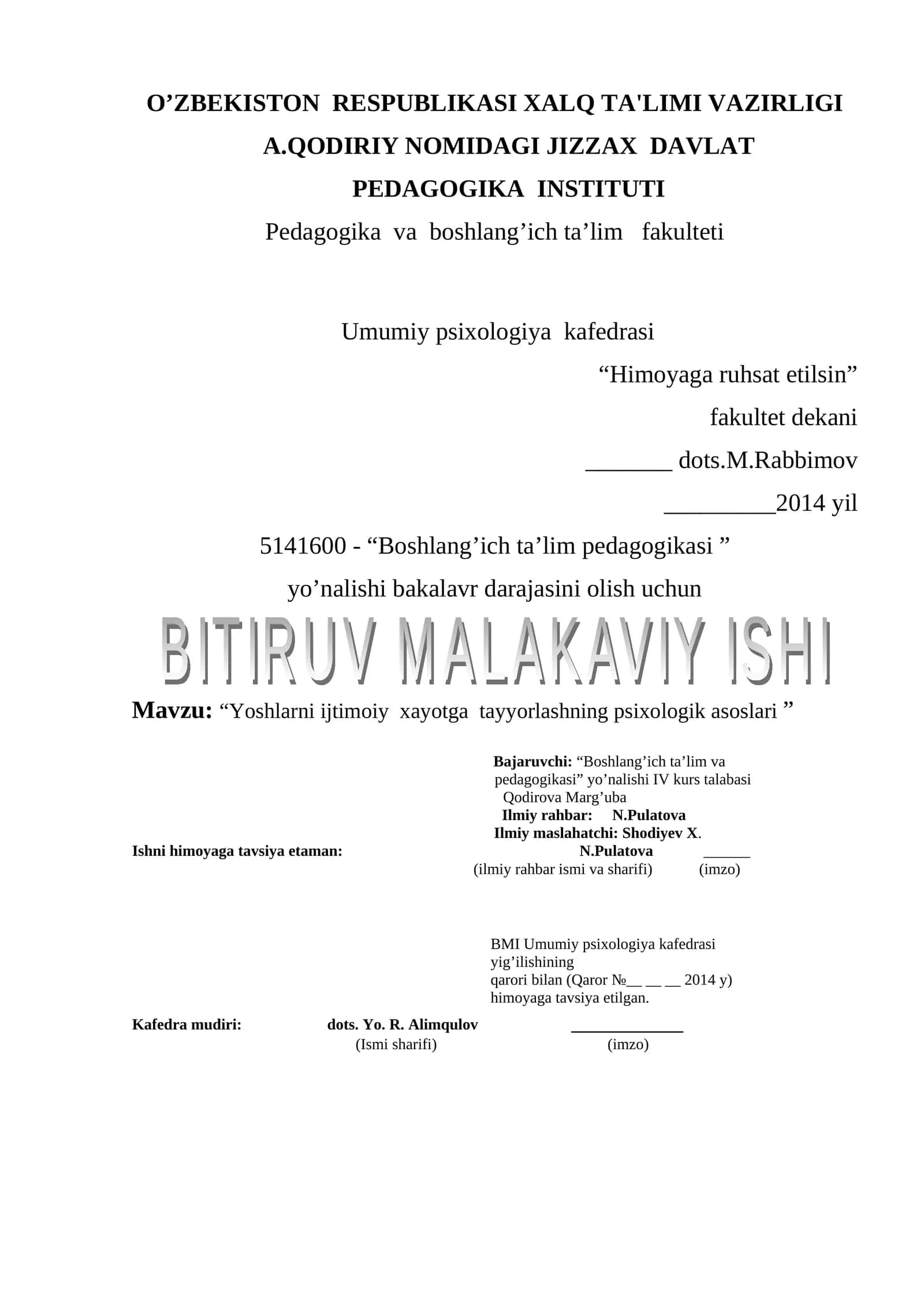 Mavzu: “Yoshlarni ijtimoiy xayotga tayyorlashning psixologik asoslari ”