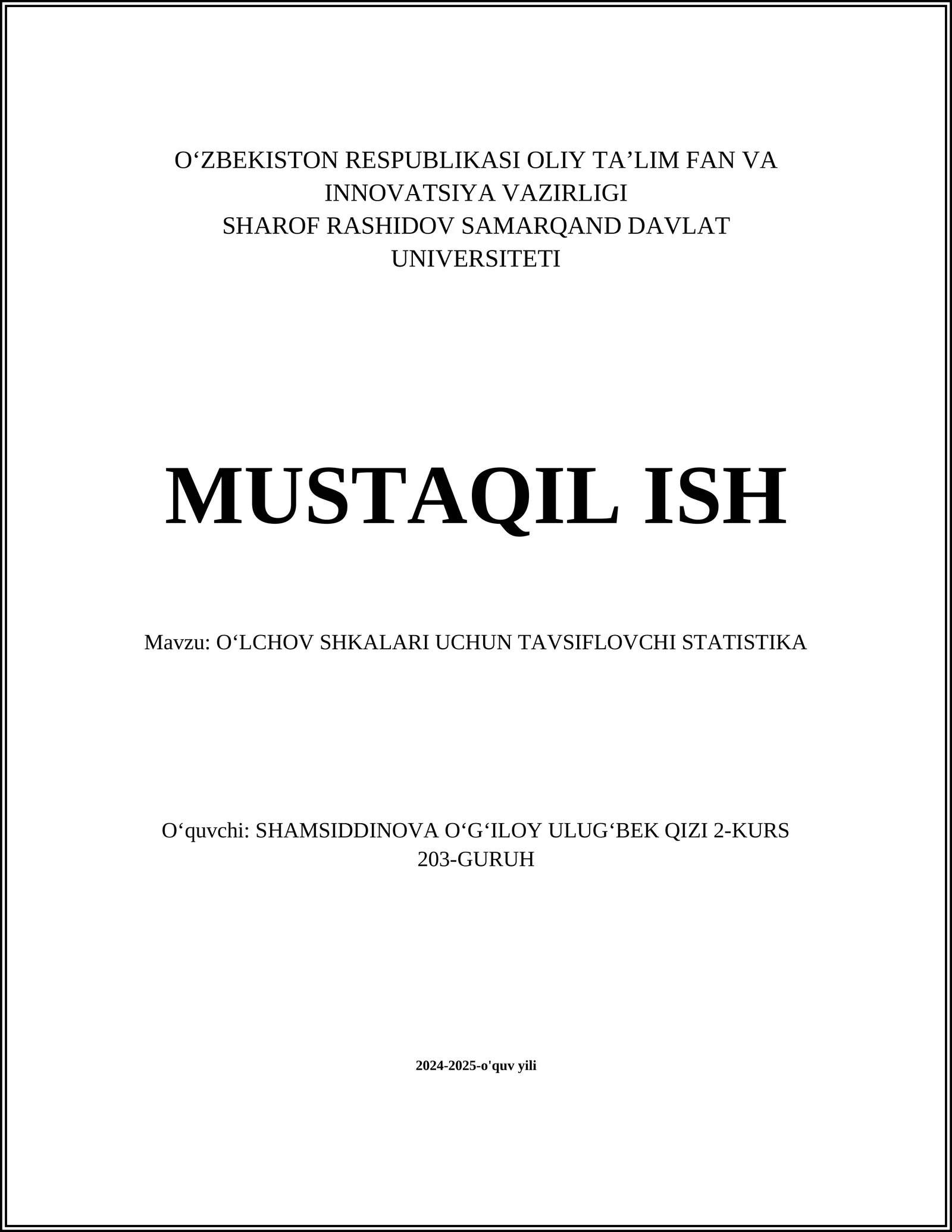 OʻLCHOV SHKALARI UCHUN TAVSIFLOVCHI STATISTIKA