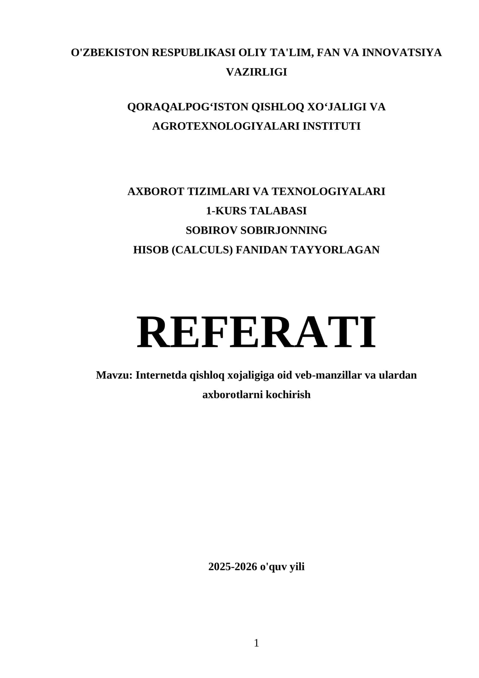 REFERAT: Internetda qishloq xojaligiga oid veb-manzillar va ulardan axborotlarni kochirish