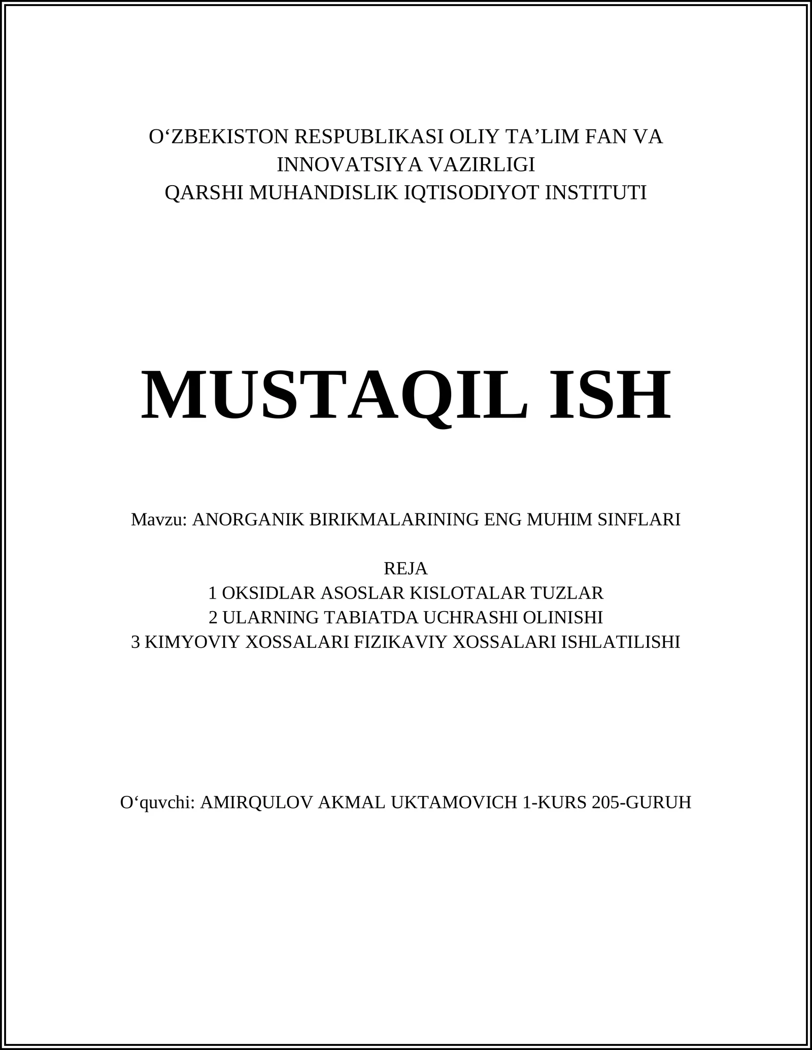 ANORGANIK BIRIKMALARINING ENG MUHIM SINFLARI